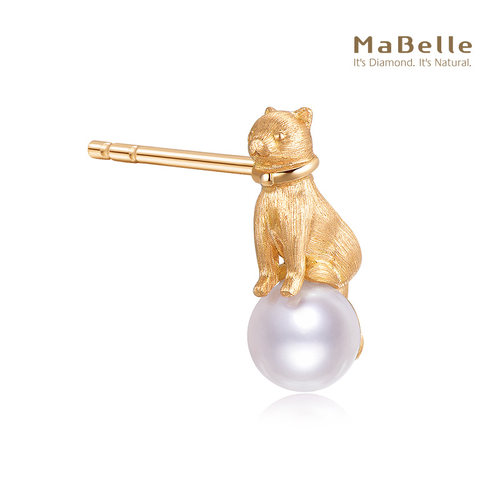 玛贝尔18K黄金小猫珍珠单边耳钉