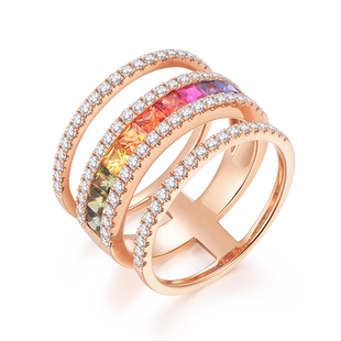 MaBelle/玛贝尔彩虹系列 18K玫瑰金方形彩蓝宝拼镶个性款钻石戒指