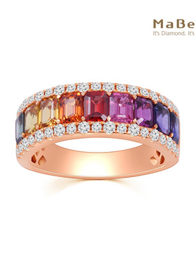 MaBelle/玛贝尔彩虹系列 18K玫瑰金长方形彩蓝宝拼镶钻石戒指