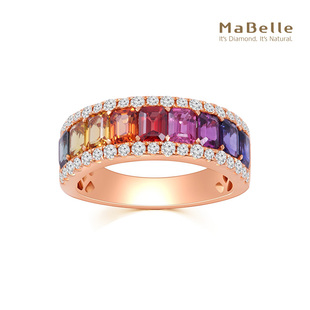 MaBelle/玛贝尔彩虹系列 18K玫瑰金长方形彩蓝宝拼镶钻石戒指
