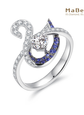 MaBelle/玛贝尔18K白金 镀黑工艺 蓝宝石天鹅款群镶 钻石戒指