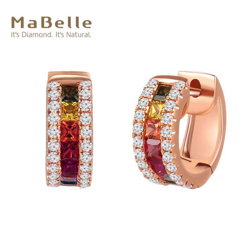 mabelle/玛贝尔18k玫瑰金 方形彩蓝宝拼镶钻石耳环一对 彩虹系列