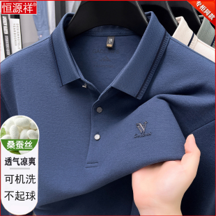 恒源祥桑蚕丝长袖t恤男士2025新款打底时尚高端中老年爸爸polo衫