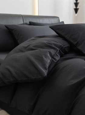 全棉四件套纯棉床上床品床单纯色黑色简约100被套1.8m床笠三4件套