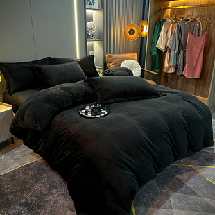 加厚牛奶绒四件套冬季款珊瑚绒床单双面绒被套黑色加绒床上三件套