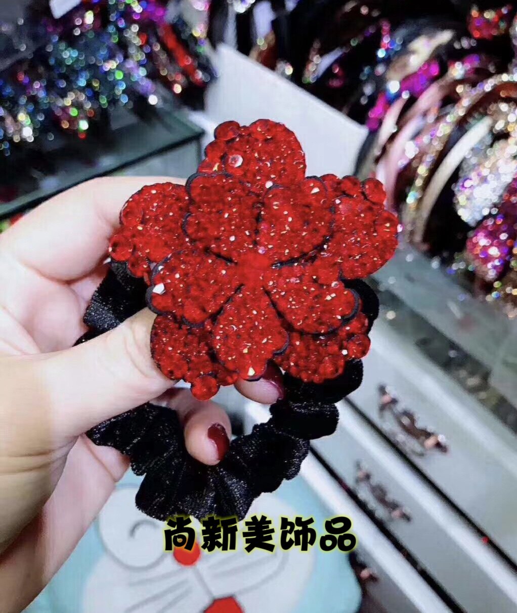 新款富贵花捷克钻丝绒发圈皮套丸子头盘发皮筋头花发饰马尾扎