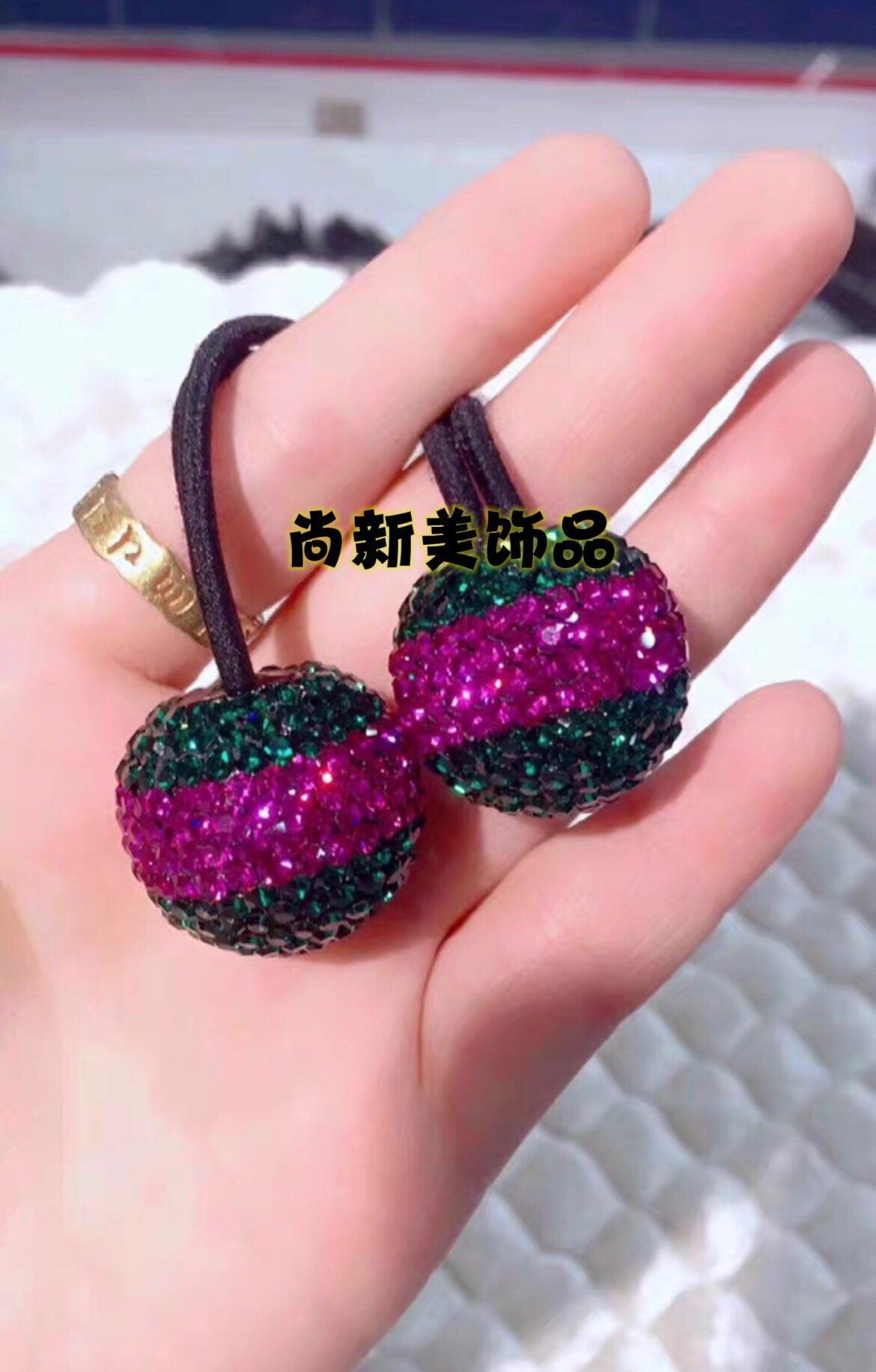 新款进口钻球皮筋大号双球满钻彩色发饰扎头绳丸子头饰品闪亮发圈