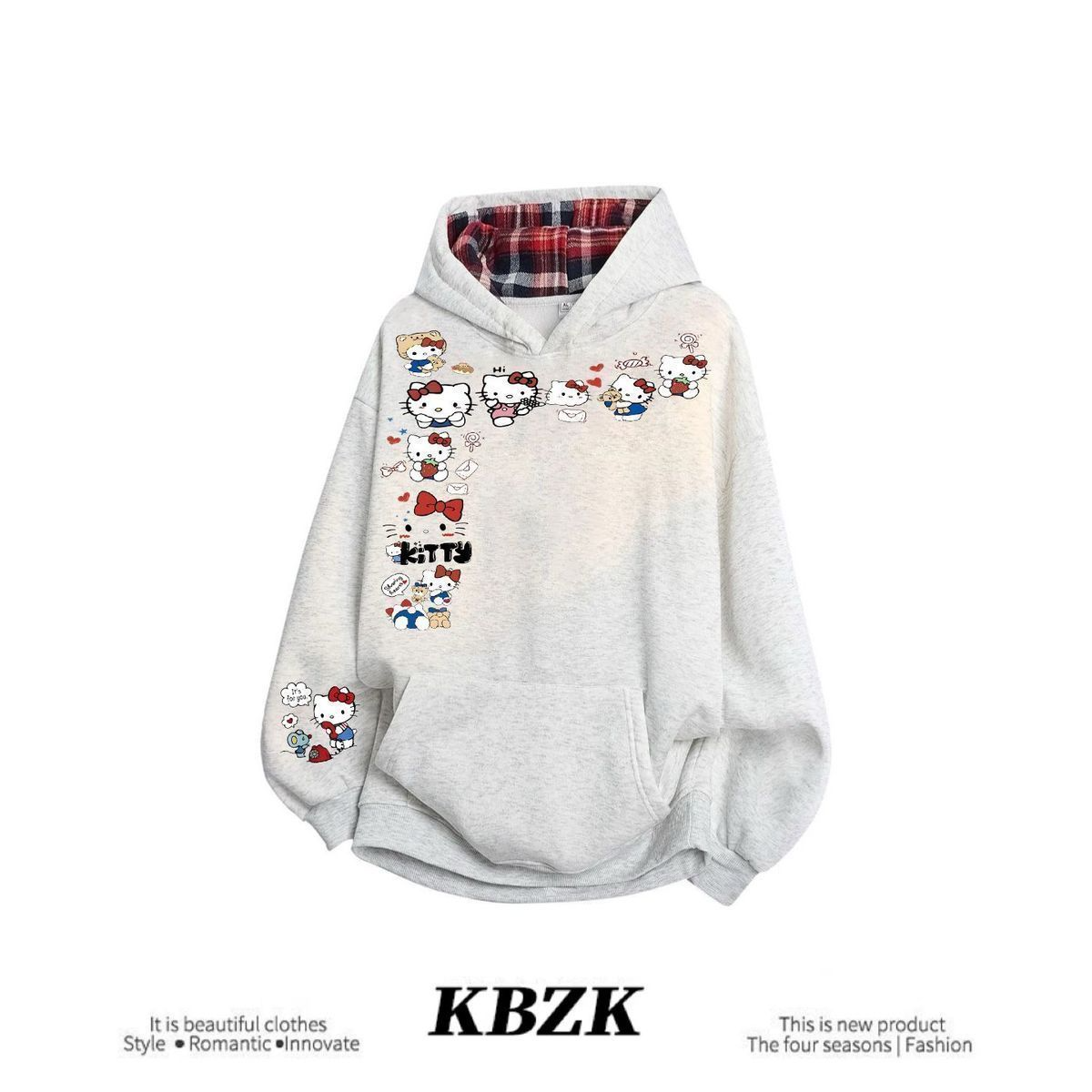可爱卡通印花设计感百搭宽松连帽格子小众卫衣男女2026新款上衣潮,女装/女士精品,卫衣/绒衫,淘宝优惠券,粉丝福利购,淘宝优惠卷