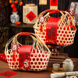 新年礼盒包装饼干坚果年货特产熟食腊味马年春节竹篮礼品盒空定制
