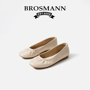 宝舒曼圆头皮鞋女款2026新款单鞋春真皮平底鞋浅口牛皮芭蕾舞女鞋