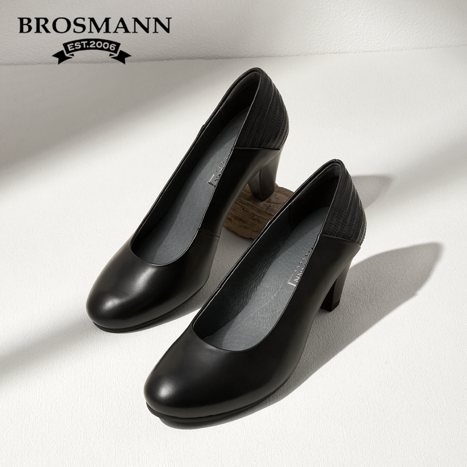 宝舒曼牛皮高跟鞋女新款黑色通勤不累脚粗跟软底舒适浅口女款单鞋