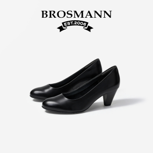 宝舒曼浅口圆头高跟鞋女春季新款黑色单鞋通勤一脚蹬真皮粗跟女鞋