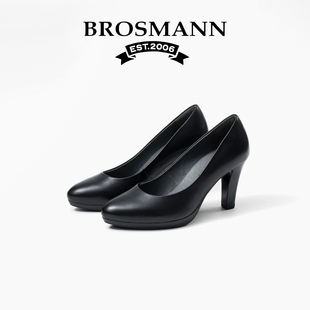 宝舒曼气质女鞋真皮粗跟静音高跟鞋女新款黑色浅口防水台职业单鞋