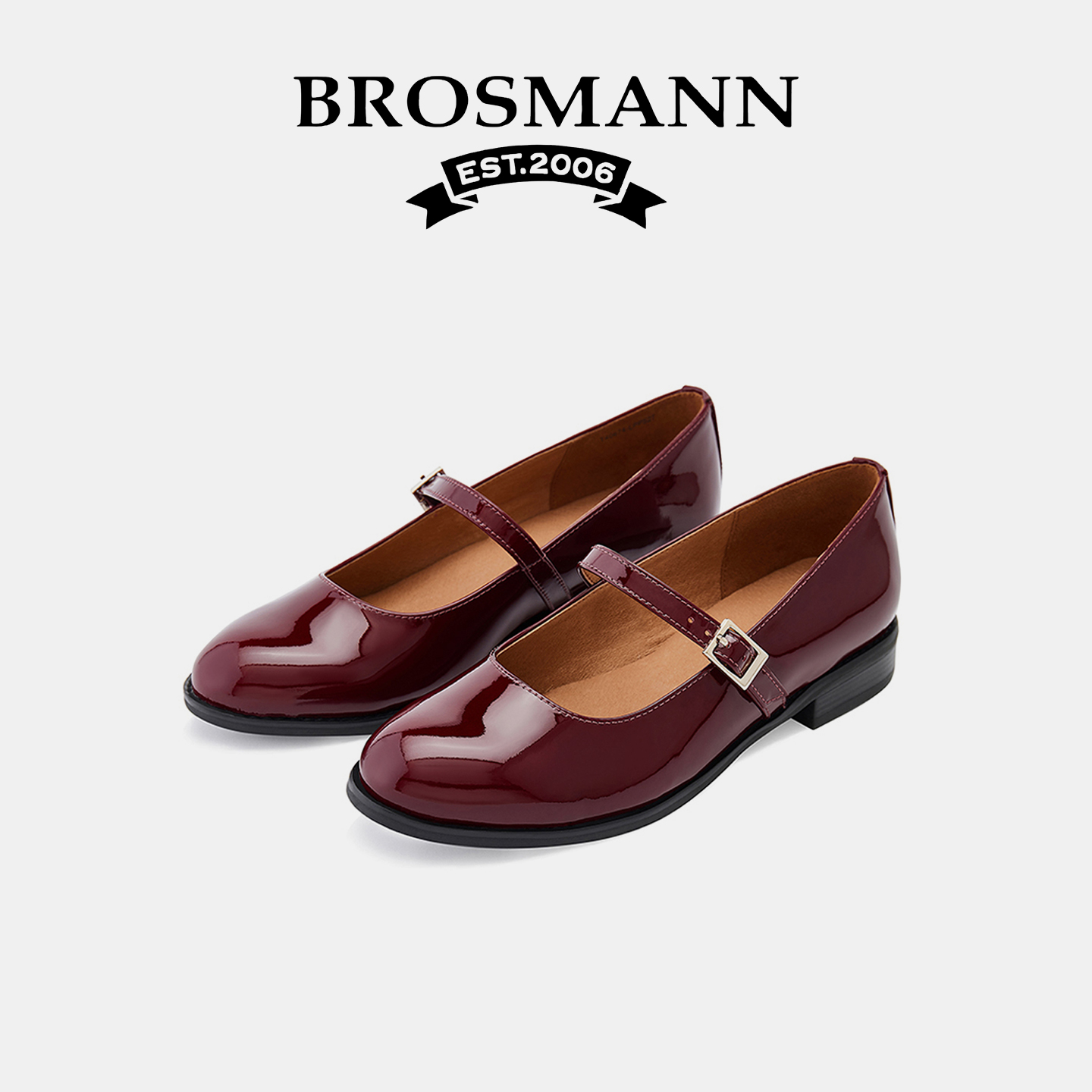 玛丽珍鞋宝舒曼品牌镜面牛皮红色