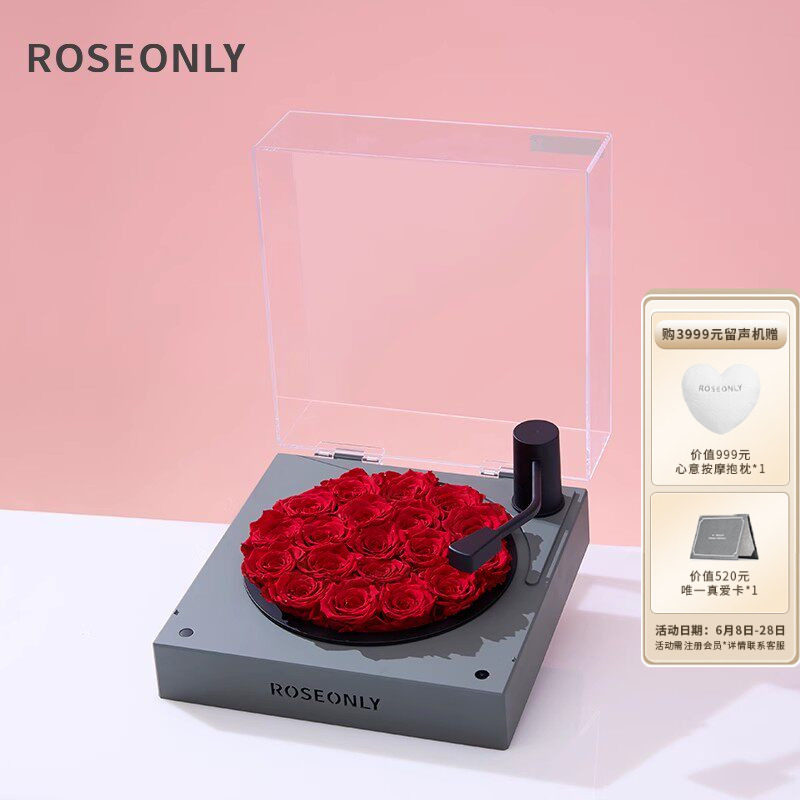 ROSEONLY诺誓永生花玫瑰留声机蓝牙送女友生日情人节礼物告白摆件