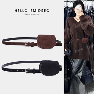 复古咖色黑色棕色腰包腰间配饰女细皮带腰封麂皮绒装饰配裙子毛衣