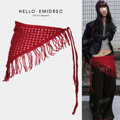 红色爵士舞屁帘腰封叠穿三角巾针织编织腰带女宽流苏装 饰配牛仔裤