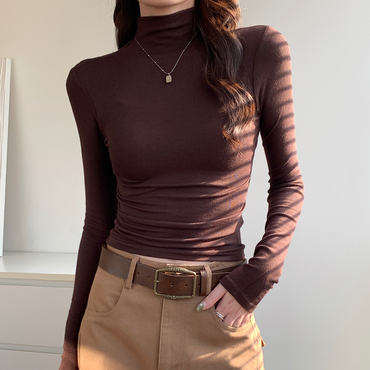 正肩紧身半高领打底衫女秋冬磨毛加薄绒内搭修身显瘦长袖t恤上衣