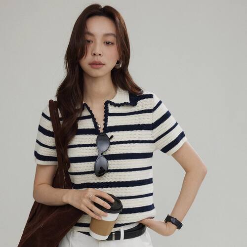 Joli Choose撞色条纹针织短袖T恤女春夏季POLO领休闲通勤百搭小衫