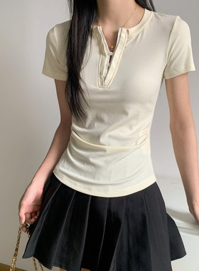 天丝莱赛尔棉亨利领半开襟纽扣短袖T恤女夏凉感2026纽扣正肩上衣