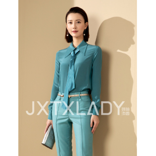 添香秋季 百搭纯色ol职业真丝衬衫 长袖 时尚 衬衣 修身 颈袖