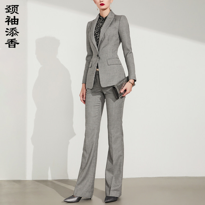 颈袖添香春季千鸟格气质OL职业装时尚修身商务正装羊毛套装女