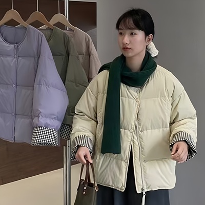 撞色短款羽绒服韩版圆领设计感