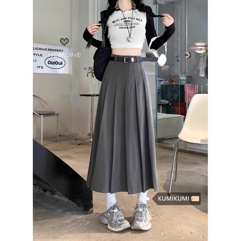 灰色西装高腰显瘦中长百褶半身裙