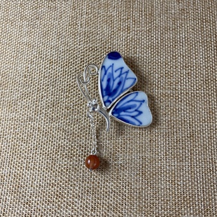 女士 青花瓷吊坠 老瓷片挂件 925银 蝴蝶款 流行 古瓷首饰 百搭