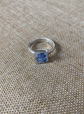 女士 青花瓷戒指 老瓷片 925银 德字 手工饰品 简约流行 古瓷首饰