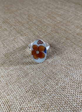女士 老瓷片戒指 花卉 925银 手工饰品 简约流行 百搭 古瓷首饰