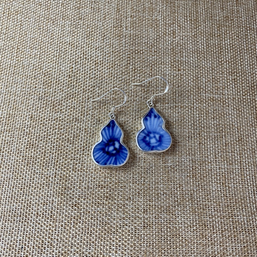 女士 青花瓷耳环 葫芦款 耳饰 925银 手工饰品 简约百搭 古瓷首饰