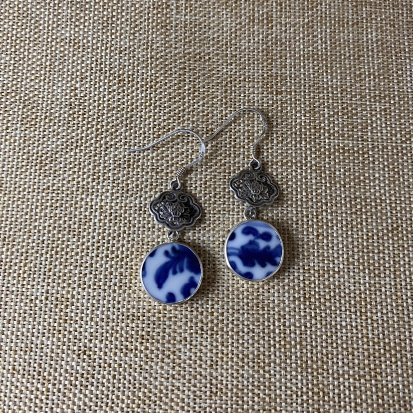 女士 青花瓷耳环 老瓷片耳饰 925银 饰品配饰 长款 古瓷首饰 流行