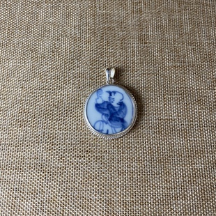 古瓷首饰 青花瓷吊坠 老瓷片挂件 人物 925银 手工饰品 简约 流行