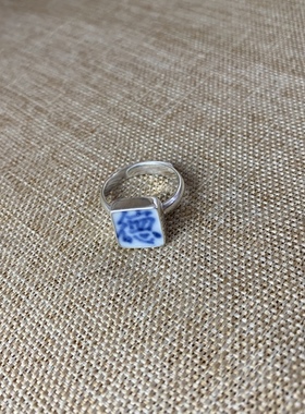女士 青花瓷戒指 老瓷片 925银 德字 简约 饰品 流行 古瓷首饰