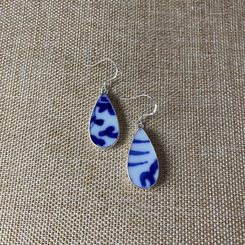 女士 青花瓷耳环 老瓷片耳饰 925银 手工饰品 简约百搭 古瓷首饰