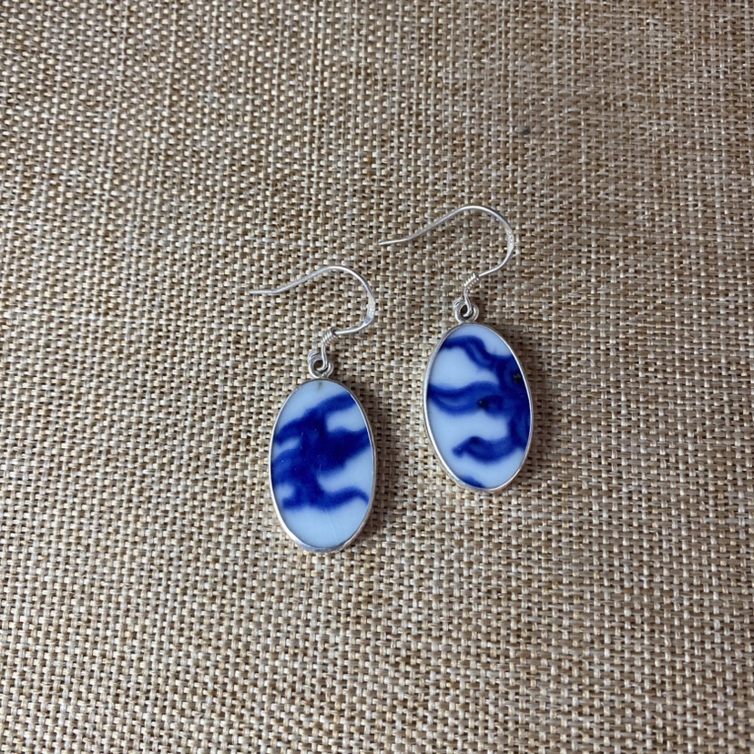 女士 青花瓷耳环 老瓷片耳饰 925银 手工饰品 简约 流行 古瓷首饰