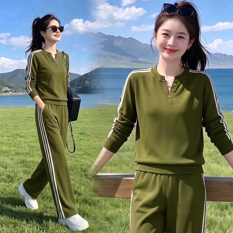 条纹运动套装女士2026春秋新款时尚中年妈妈V领卫衣跑步服两件套