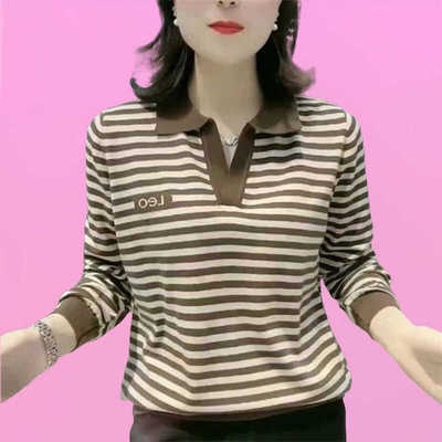纯棉春秋装新款女士条纹长袖t恤