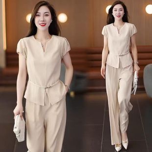洋气气质收腰显瘦上衣阔腿裤 时尚 新款 女2026夏季 职业两件套潮 套装