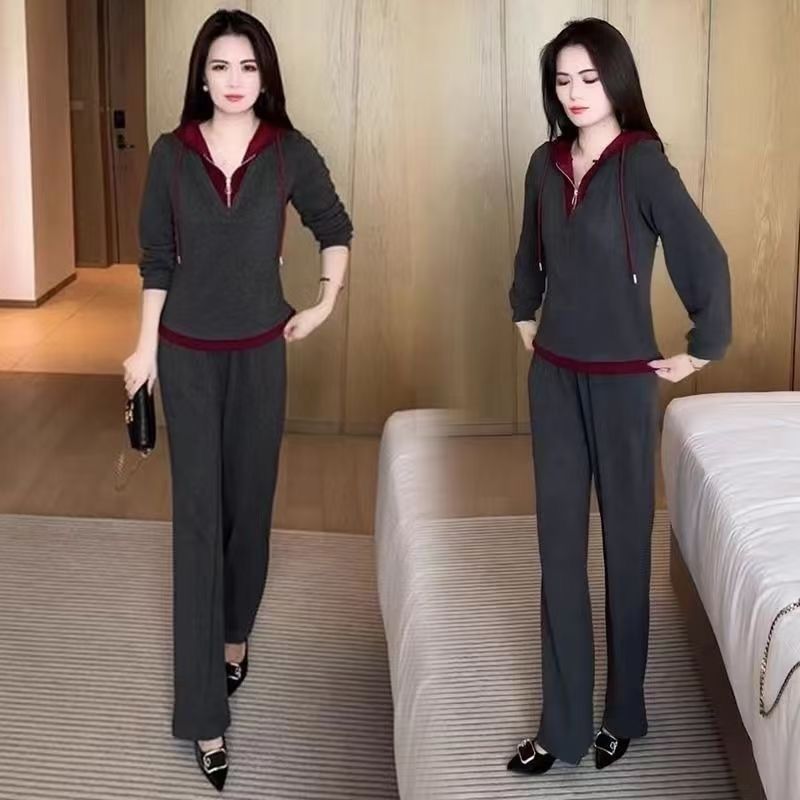 休闲运动服套装女士2025年春秋季新款时尚假两件卫衣阔腿裤两件套