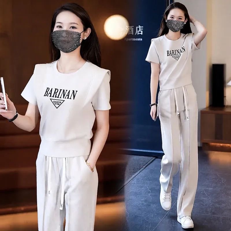 夏季休闲运动套装女2026新款韩版洋气显瘦短袖卫衣阔腿裤两件套潮