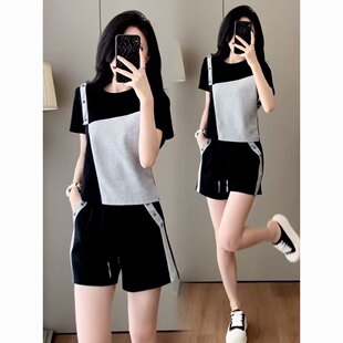 时尚拼接撞色运动服套装女2026夏季新款爆款小个子短袖短裤两件套