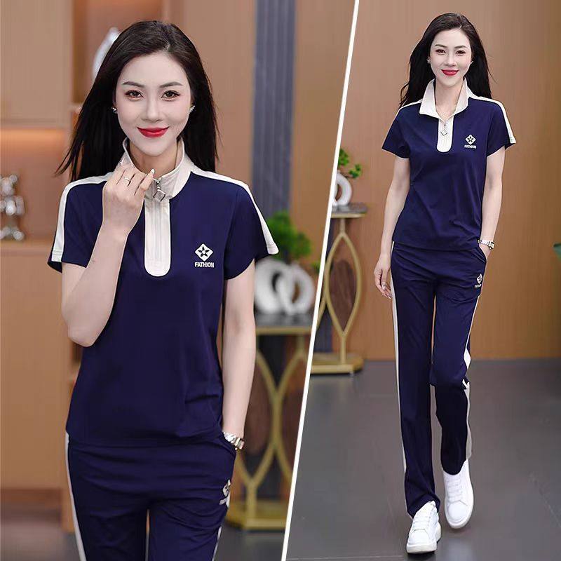 中年妈妈休闲运动套装女夏季新款洋气显瘦短袖直筒裤跑步服两件套