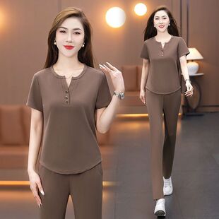 运动套装女夏装2026新款小个子时尚减龄薄款短袖休闲阔腿裤两件套