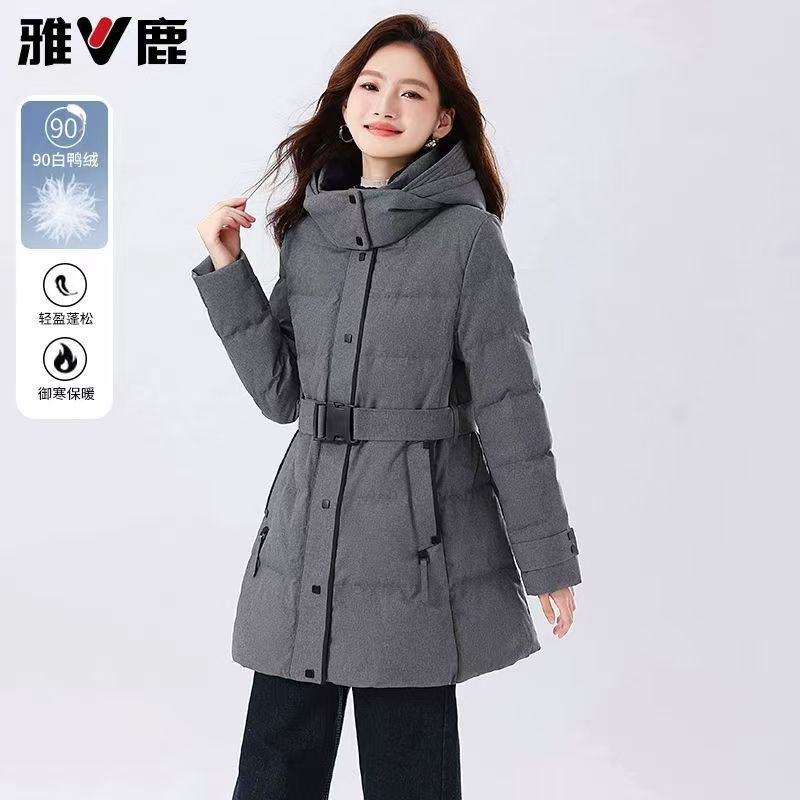 雅鹿长款黑色羽绒服女时尚西装领加厚2025冬新款收腰显瘦气质外套