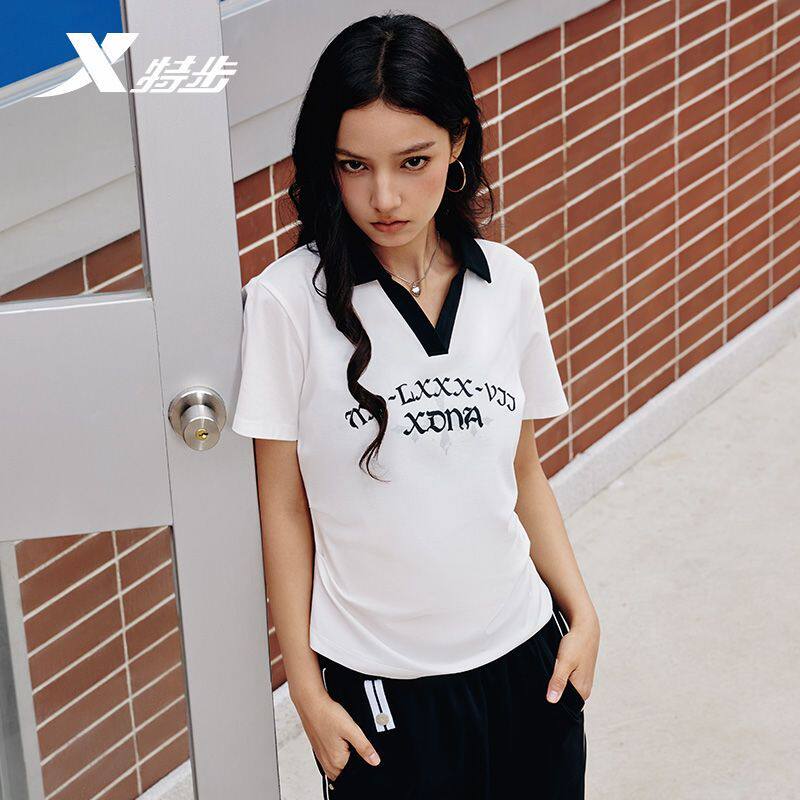 特步短袖POLO衫女2026夏季新款字母印花短款修身T恤974228020384