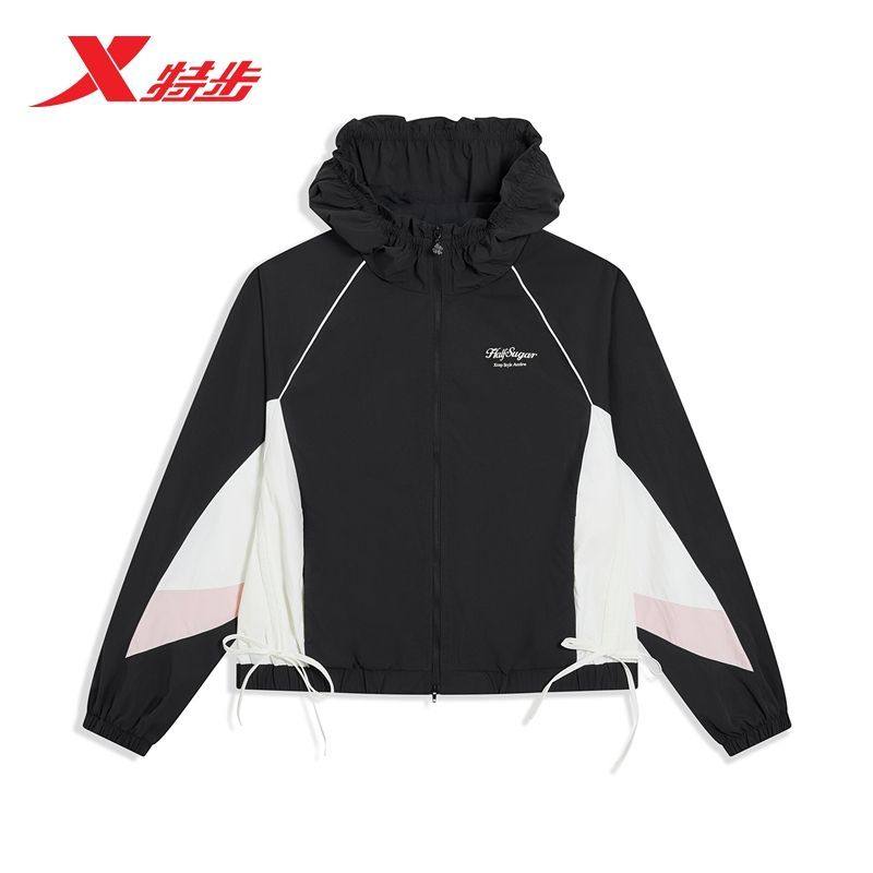 特步双层风衣女装2026春季新款梭织运动套装宽松撞色短款连帽风衣