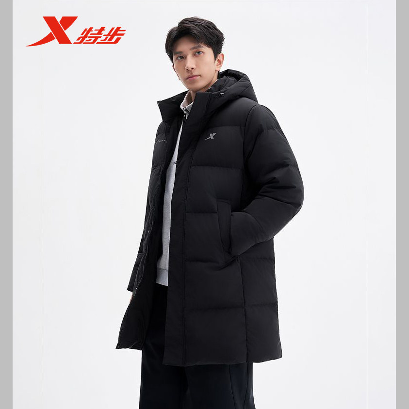 特步中长羽绒服男2026年冬季新款男子保暖黑色羽绒服974429640406