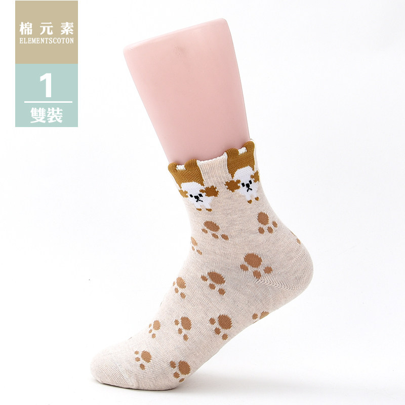棉元素女士袜子棉质秋冬季短袜常规厚款提花卡通女袜T20352